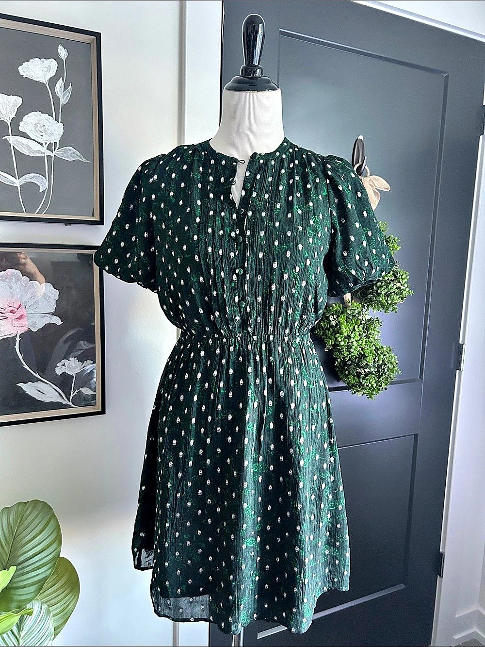 LOFT Petite Mini Dress in forest Green & Silver Size Small NWT